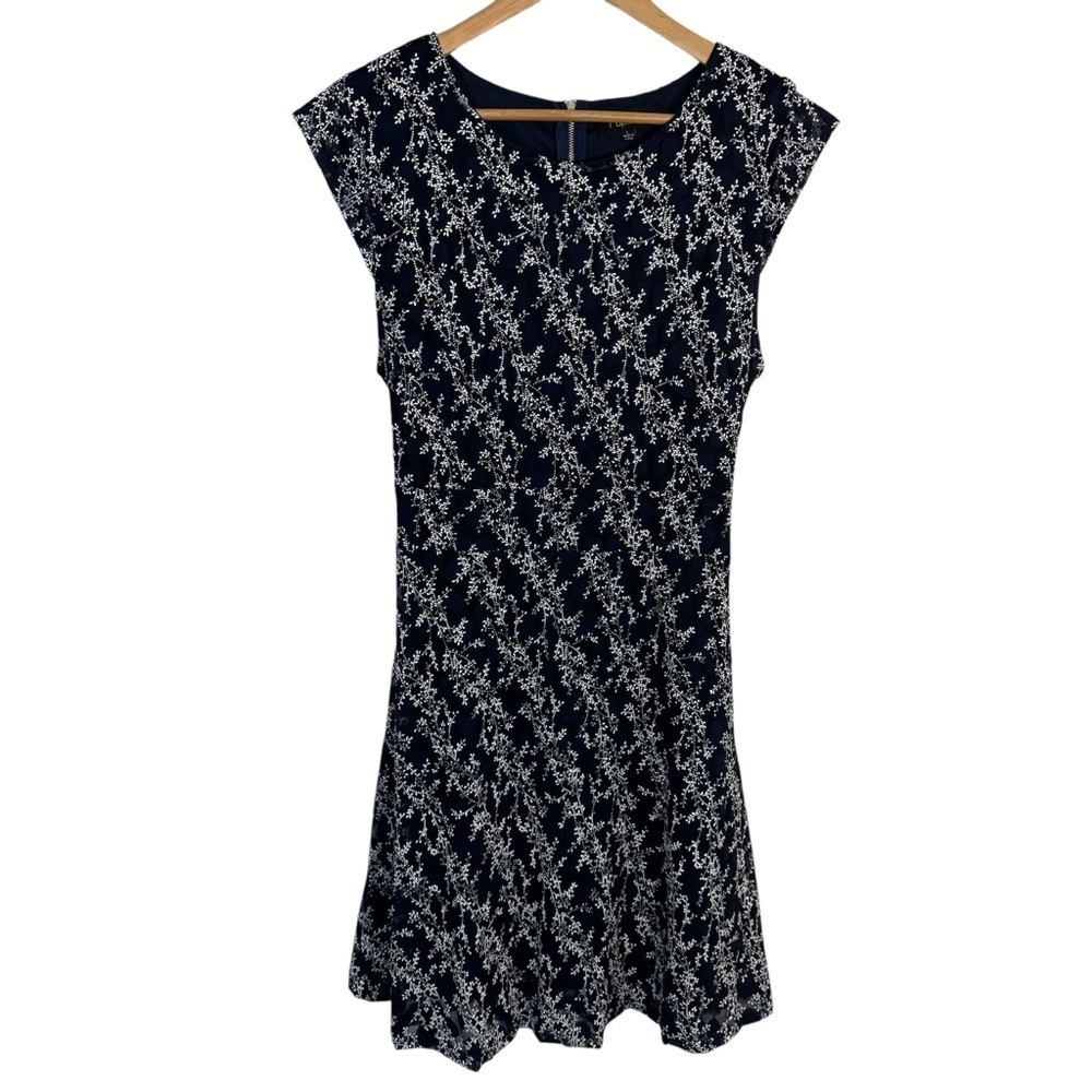 Papillon Stretchy Floral A-Line Dress Sz L Navy Sundress Fitted 90s Y2K Delicate